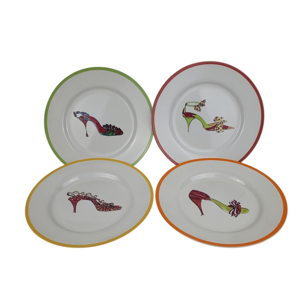 Rosanna High Heel Shoe Ceramic Desert Plates Set of 4 Colorful Rim 8.25 Inch